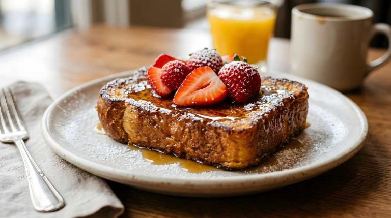 French Toast With Strawberries and Syrup in a White plate top with powder suger, with coffee and orange juice on the side, serve on wooden table