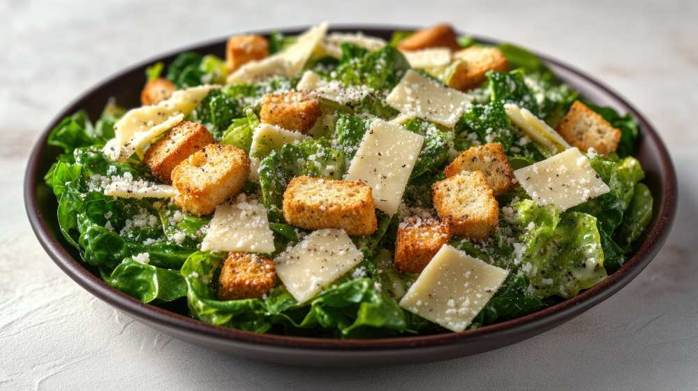 Fresh romaine lettuce topped with croutons and shave parmesan cheese, serve in a black bowl.