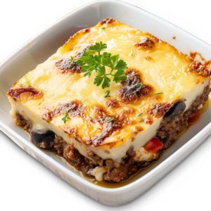 Greek Moussaka, a vegetarian casserole serve in a white baking dish on a white background
