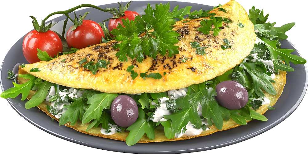 Greek Omelette with arugula feta and black olive with side of cherry tomato's
