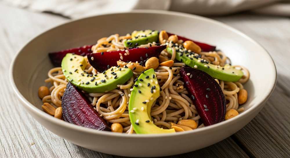 Healthy soba noodle bowl with roasted beets, fresh avocado, peanuts, and sesame seeds , serve in a bowl on a wooden table