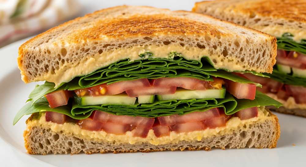 Hummus Sandwich with lettuce , tomato and cucumber on toast Whole Grain Bread, serve on a white plate.