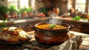 Large rustic pot of vegetable soup with bread on a warm table. view of a kitchen setting.