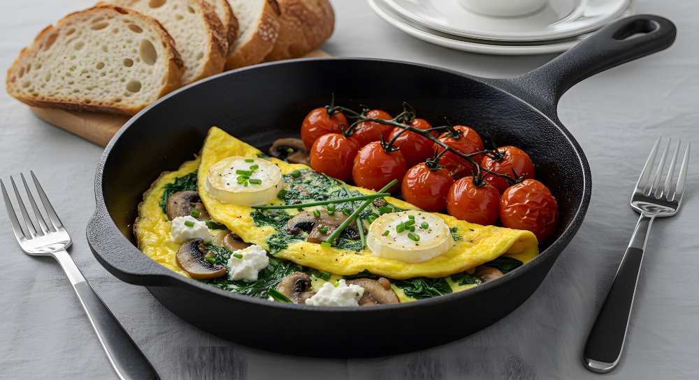 Omelet with Goat Cheese Mushrooms and Spinach, with cherry tomatos in Cast Iron Skillet, serve with bread on the side