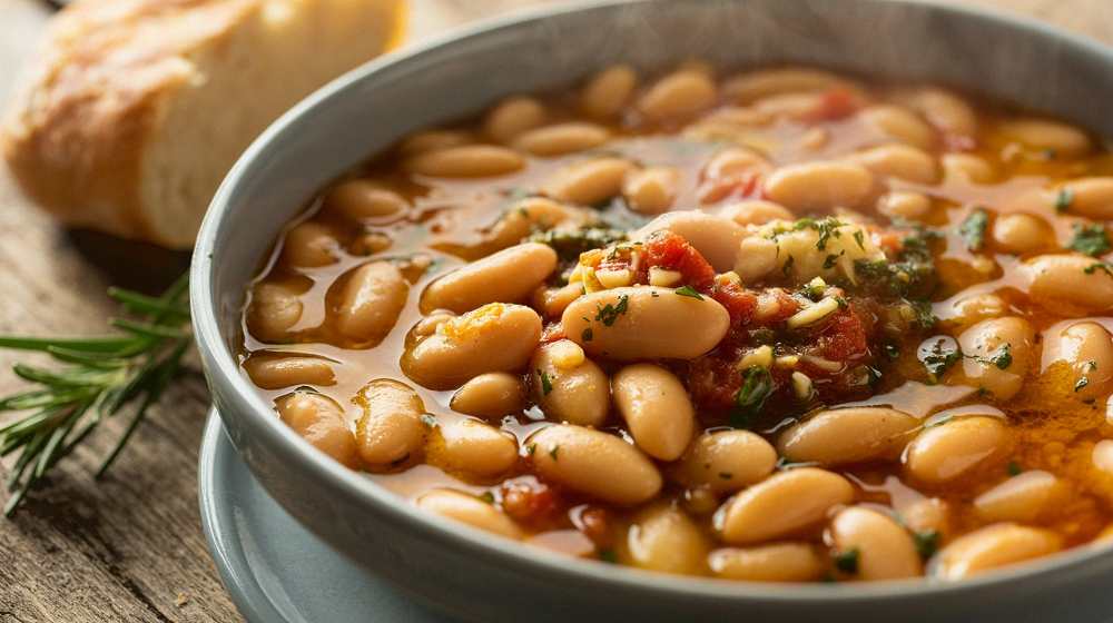 Pasta and Beans soup, serve in a soup bowl, with side of bread and frash rozemary