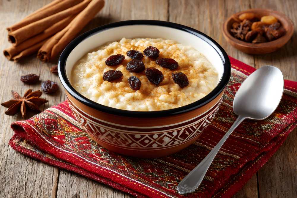 Rice pudding dessert with raisins and cinnamon, serve in a decor bowl with cinnamon stick on the side a rustic wood