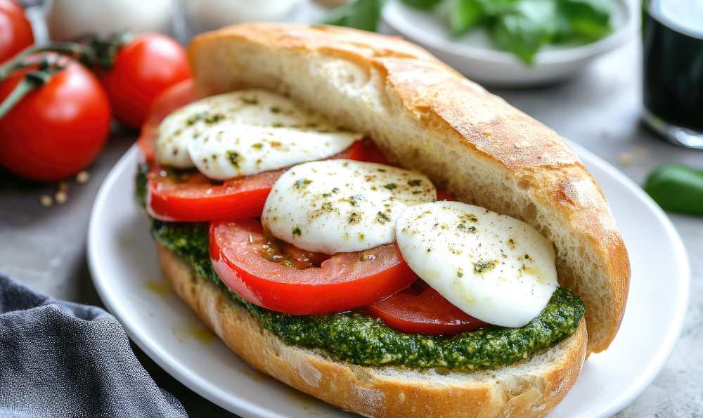 Sourdough sandwich with mozzarella tomatoes and basil top with herbs , serve on a white plate.