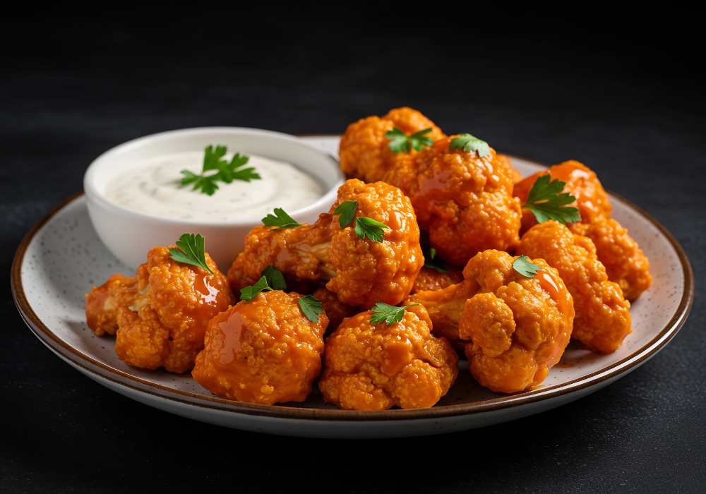 Spicy Buffalo Cauliflower Bites with side of Creamy Dip, serve in a rustic bowl in a black background