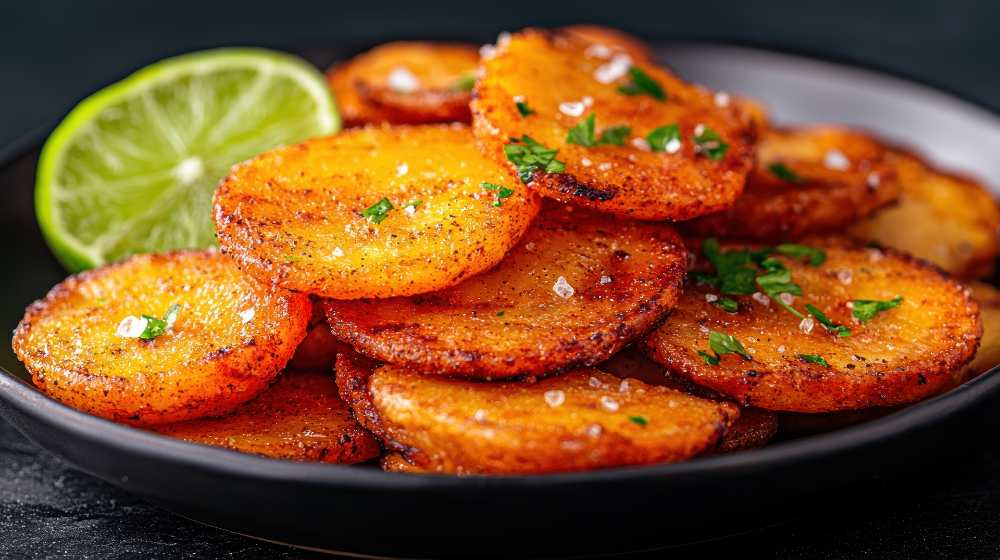 Spicy roasted sweet potato slices with lime top with parsley serve on a black plate.