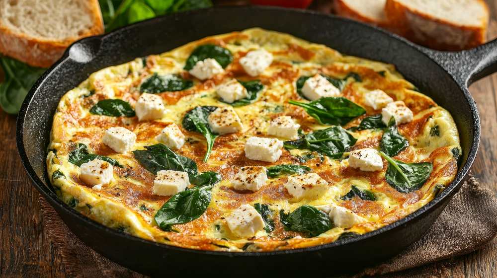 Spinach and Feta cube Omelette serve in a cast iron with side of bread