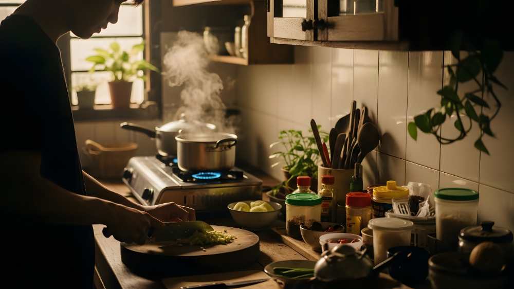 student preparing fresh food in warm kitchen with steaming pot on stove