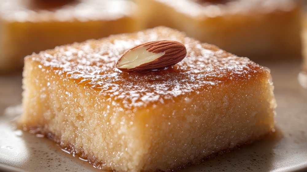 Sweet Basbousa Cake Topped With Almond on Plate, close view