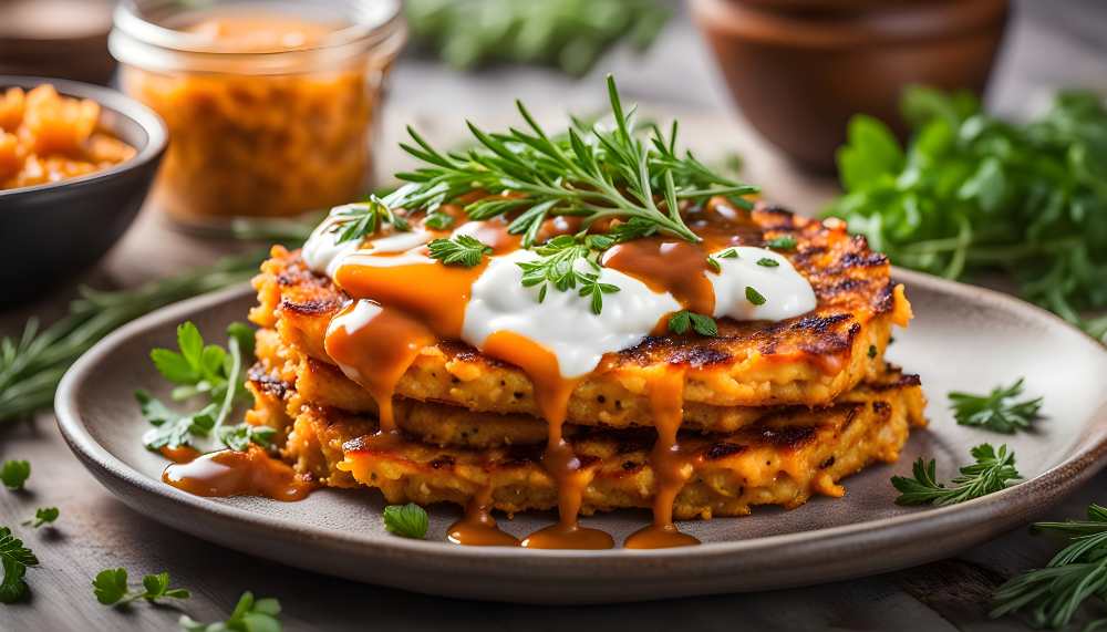 Sweet potato Hash brown with sauce and top with herbs , serve in a rustic brown plate. on a wooden table.