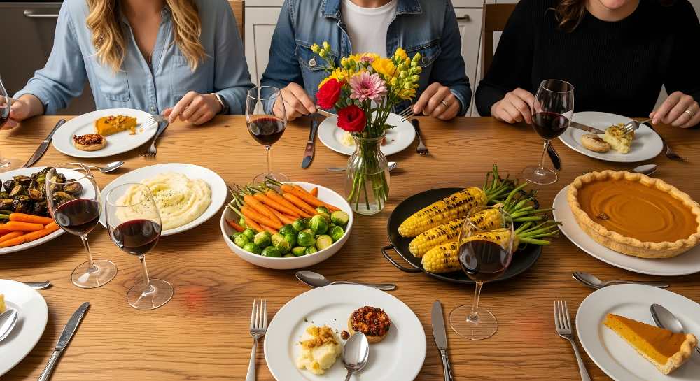 Thanksgiving Dinner Family Feasting Around a Table with Delicious Food and Wine