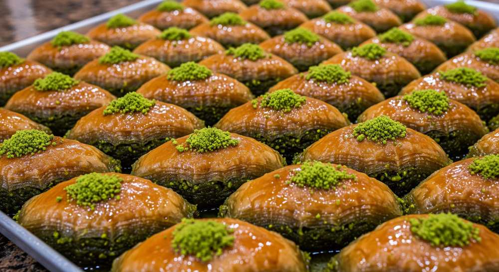 Traditional Turkish dessert Baklava with pistachios on a tray.