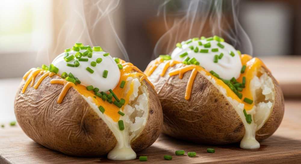 Two baked potatoes with white and yellow melted cheese top with sour cream green chives, serve on a wooden board