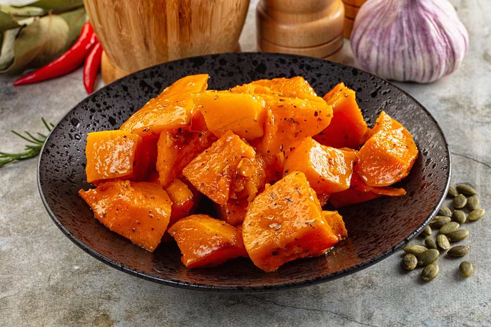 baked pumpkin with herbs, serve in a rustic black bowl , with Pumkin seeds oand frash garlic on the side
