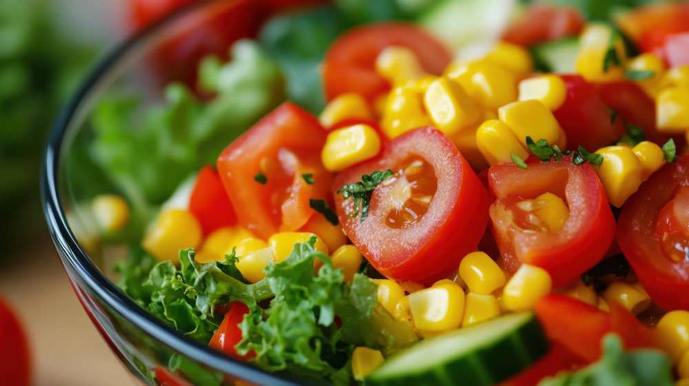 bowl of salad with tomatoes, corn and cucumbers top with Parsley , serve in a glass bowl. close up top view