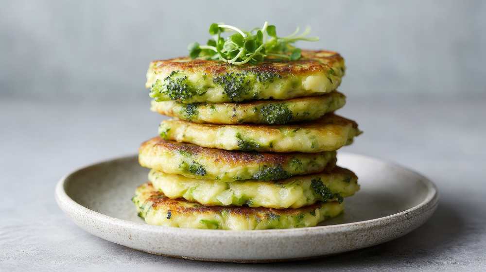broccoli fritters stacked one on top of anther, top with herbal green on top, serve on a plate with gray rustic background