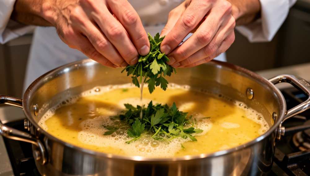Hand chopping parsley over a pot of soup