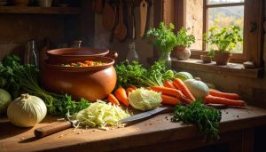 Veggie on kitchen counter chop cabbage , steamimg pot.