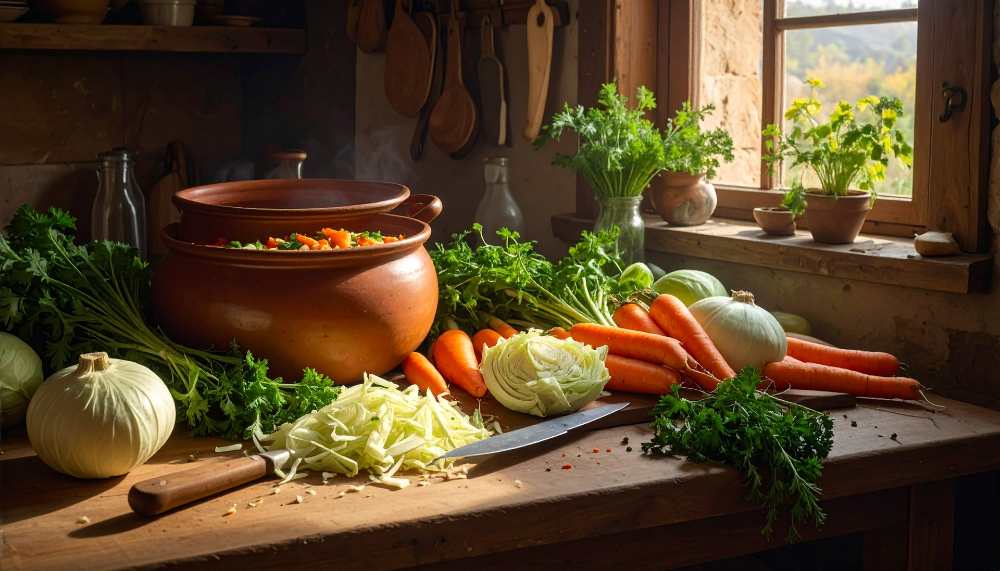Veggie on kitchen counter chop cabbage , steamimg pot.
