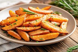 roasted sweet potatoes fries with olive oil and rosemary on a rustic plate