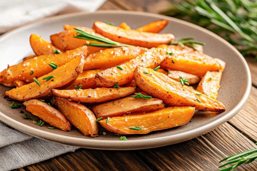 roasted sweet potatoes fries with olive oil and rosemary on a rustic plate