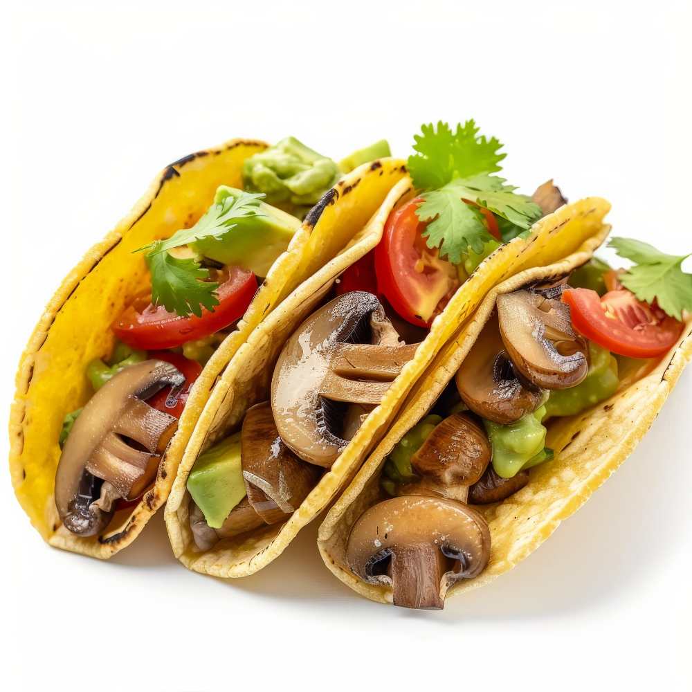 tacos filled with mushrooms, avocado, and cilantro, on a white background