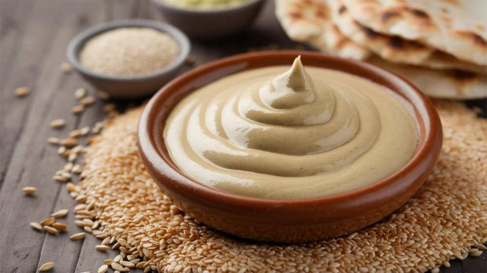 tahini smooth tahini in a bowl surrounded by seasame