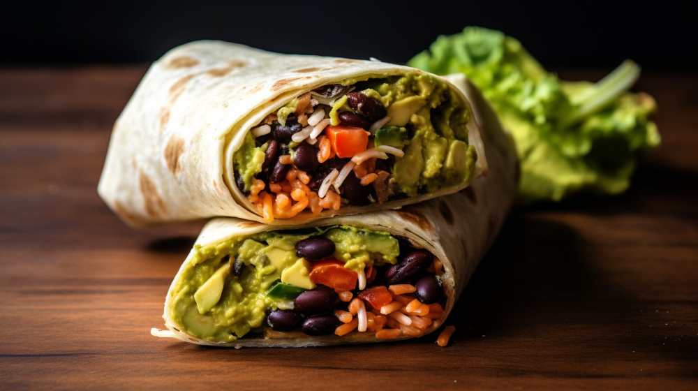 veggie burrito wrap with black beans, rice, salsa and guacamole, serve on a wooden table.