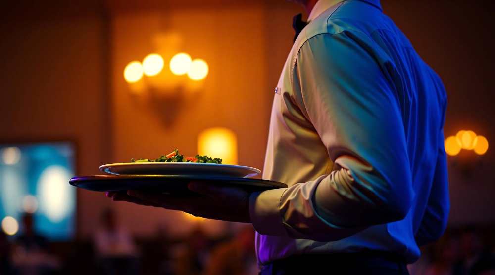 waiter serving fresh salad in upscale restaurant setting for special occasion dining experience