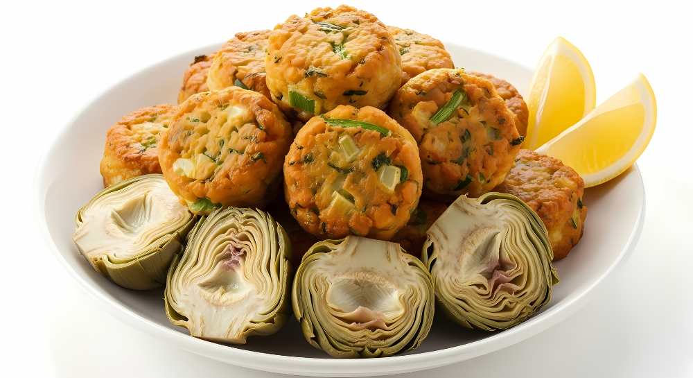 Artichoke Fritters and Lemon Wedges on the side serve in a White Platte, side close-up view