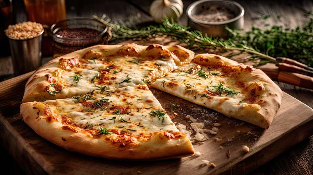 Baked White Pizza top with herbs on Wooden Cutting Board, with fresh rosemary on the side and fresh herbs.