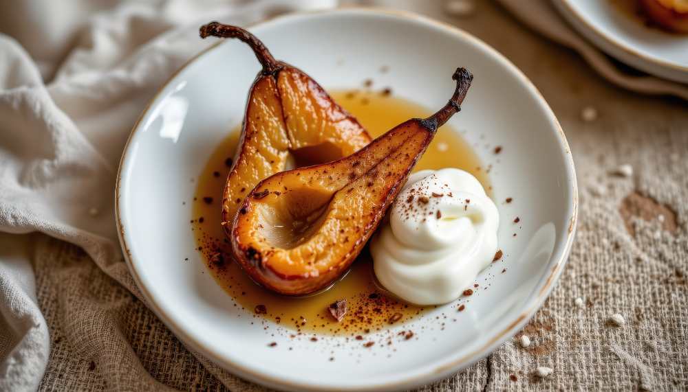 Baked pears with cinnamon and a scoop of Greek yogurt on a small white plate.