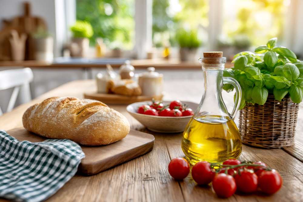 Bread , olive oil and tomato on kitchen counter