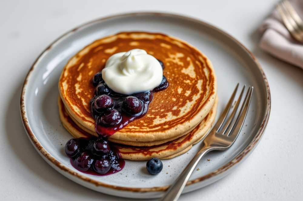 Buckwheat pancakes top with blueberry compote and a scoop of Greek yogurt, serve on a rustic plate with a fork top view close-up.