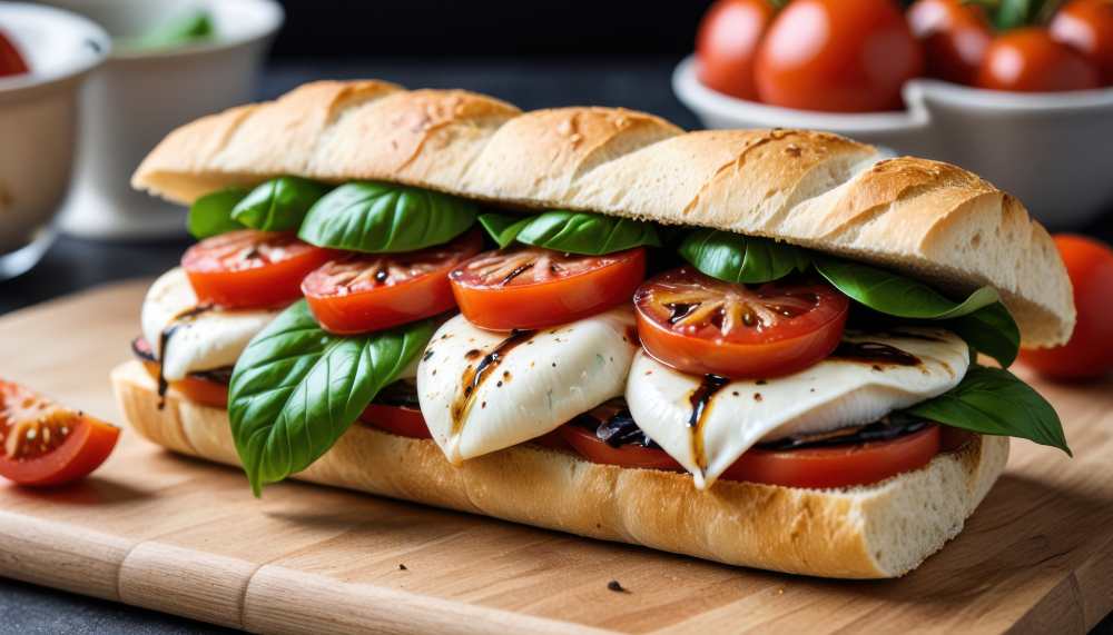 Caprese Sandwich, On a wooden board in a kitchen setting, with fresh tomato's on the side, close-up side view.