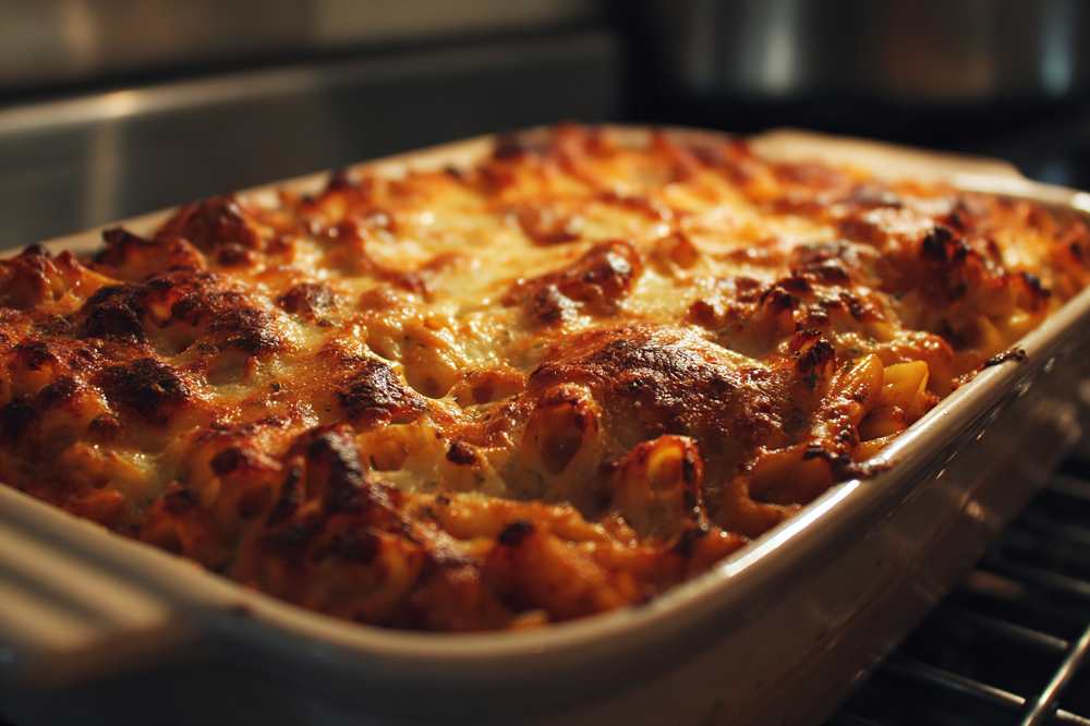 Cheesy baked ziti casserole with golden brown top, close-up view inside oven
