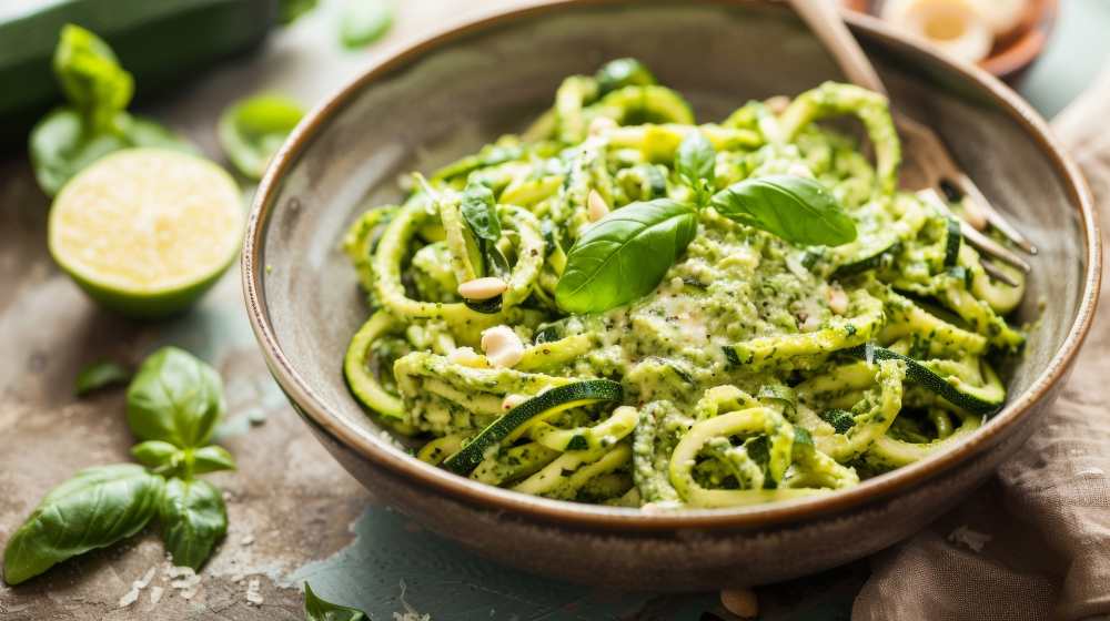 Creamy avocado pesto served over zucchini noodles, serve in a rustic bowl with side of lime, top close-up view.