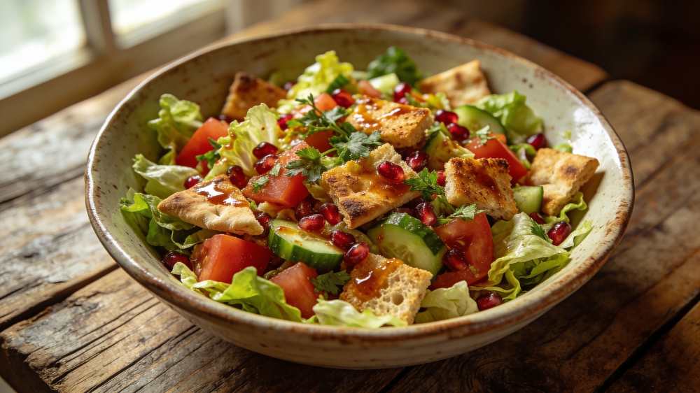 Fattoush Salad serve in a rustic bowl on top of a wooden table , top close-up view.