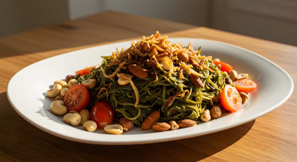 Green Noodles with Almonds, Cashews, peanuts, cherry tomato and top with Crispy Onions, serve in a white plate on wooden table