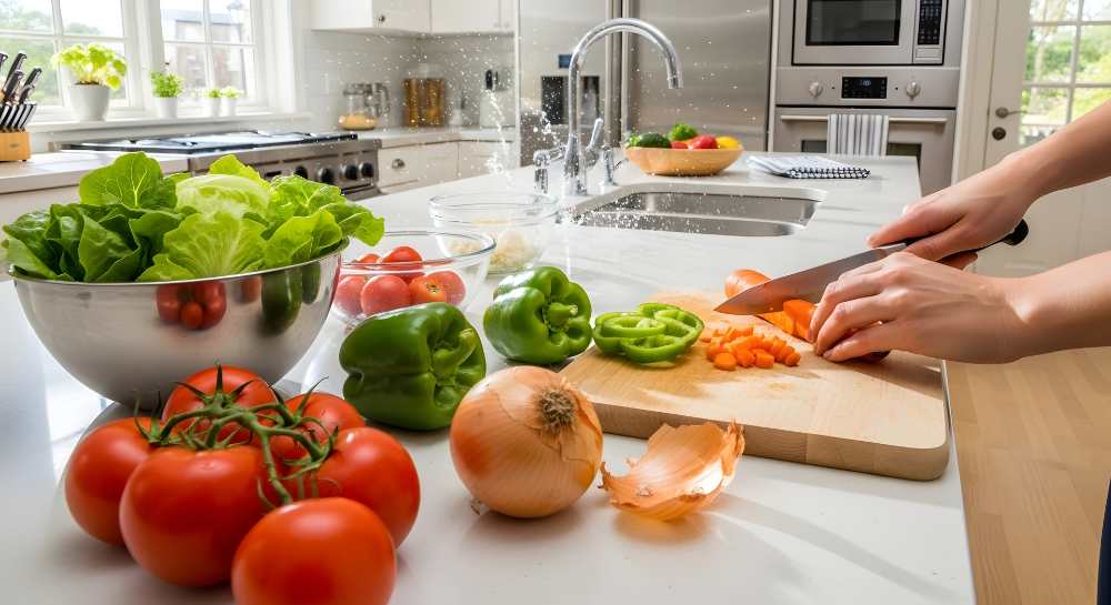 Hand cutting veggie on a wooden board , with veggie on kitchen counter