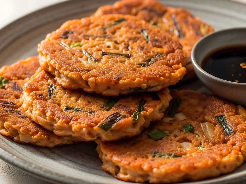 Kimchi pancakes with soy dipping sauce, serve in a decor gray plate close-up top view.