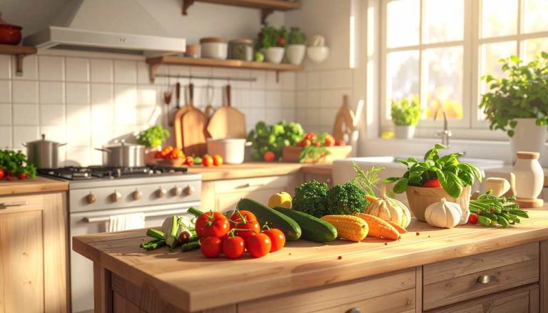 Kitchen Scene with Fresh Vegetables on Wooden Countertop