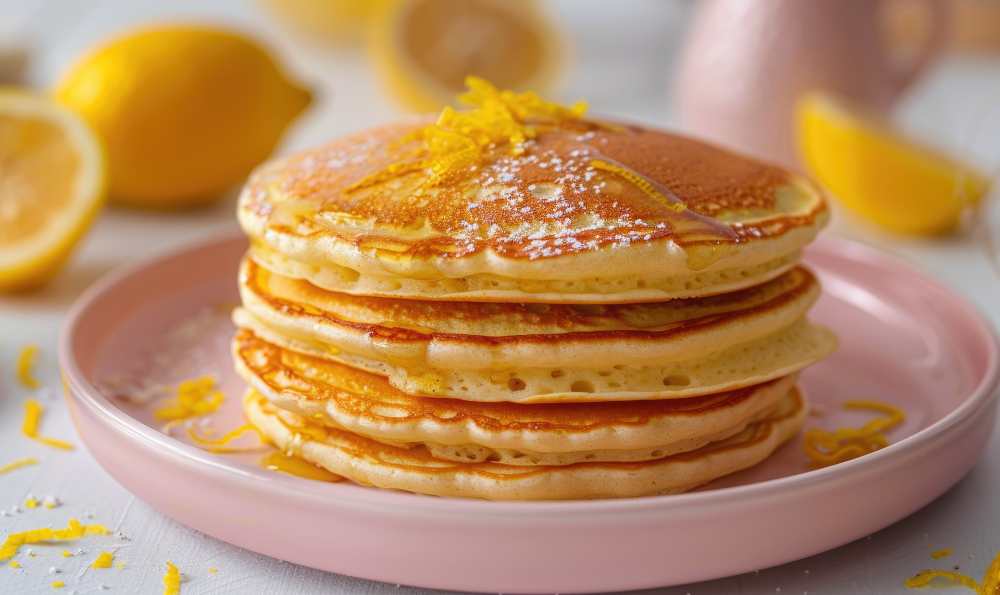 Lemon and ricotta pancakes with lemon zest on a pink plate, with lemon on the side, close-up side view.