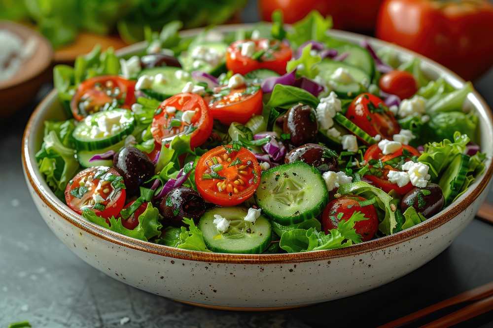 Mix Green Salad with Tomatoes, Cucumbers, black Olives, and Feta Cheese, top with Parsley, serve in a bowl and veggie on the side.