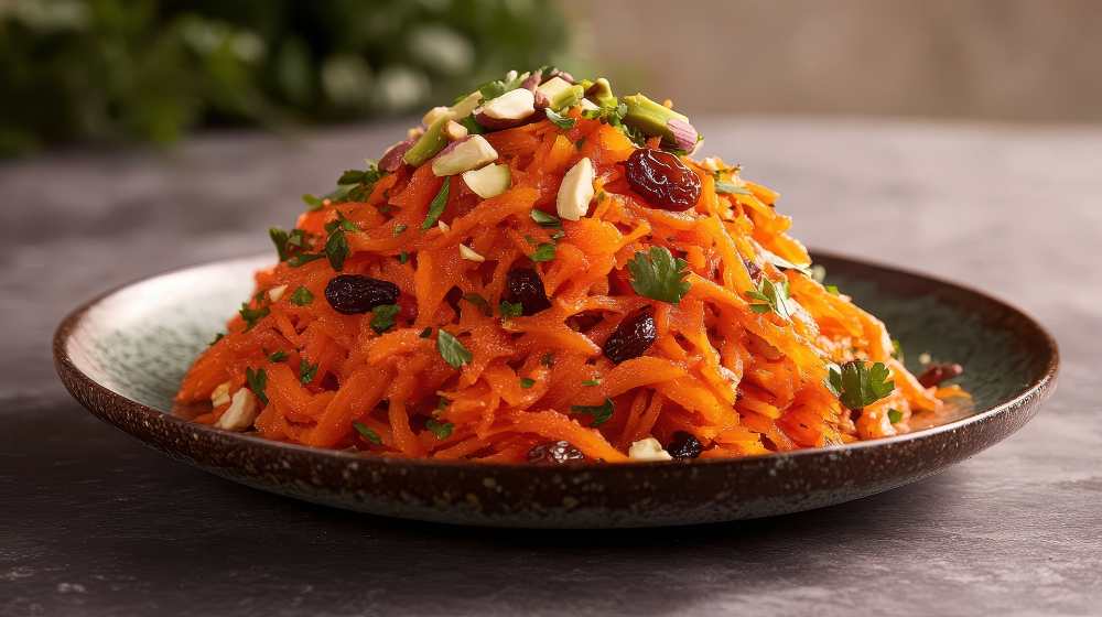 Moroccan graded Carrot Salad With Nuts and Raisins, serve in a rustic plate , close-up side view