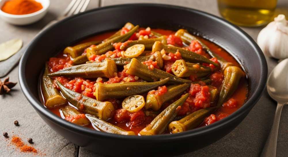 Okra and Tomato Stew serve in a black bowl on a wooden table , top close-up view.