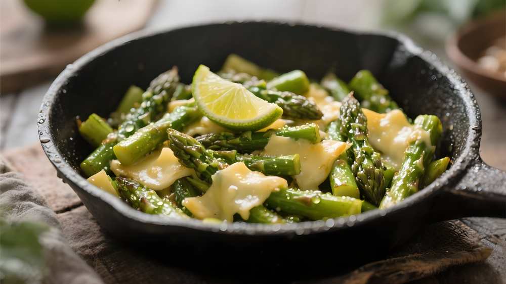 Sauteed Chopped Asparagus top with slice white Cheese and Lime , serve in a cast iron, top view close-up.